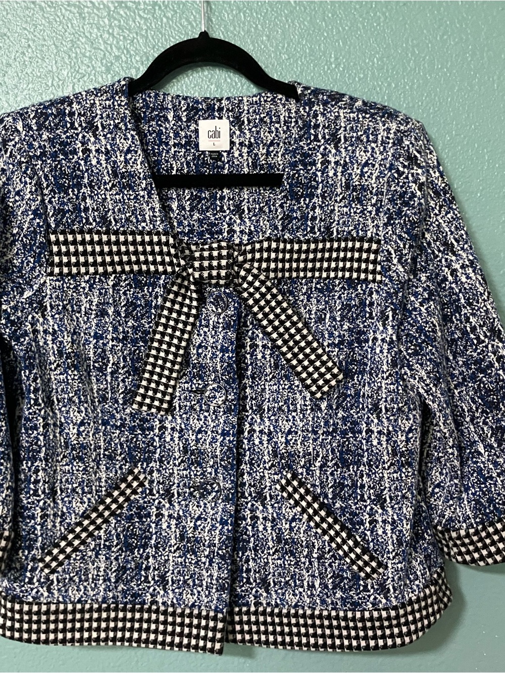CAbi Navy and White Bouclé Jacket with Houndstooth Bow